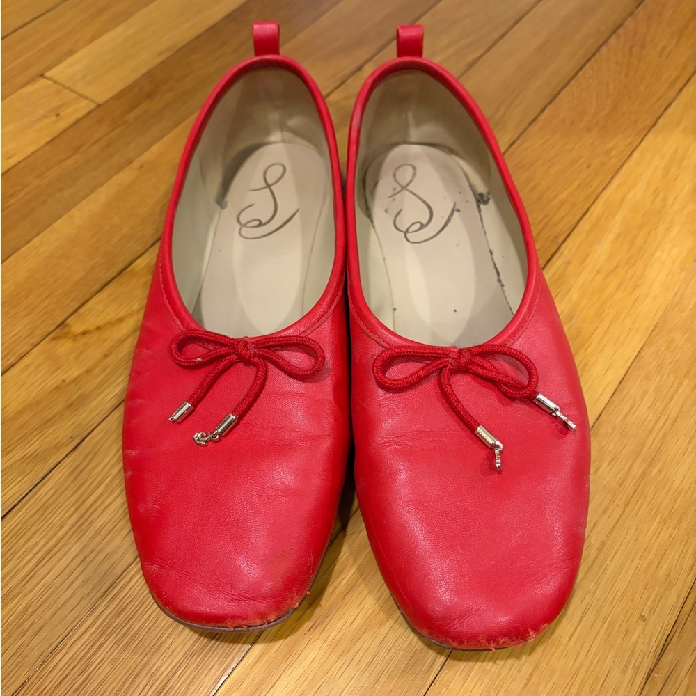 Sam Edelman Red Leather Ballet Flats with Bow Trim
